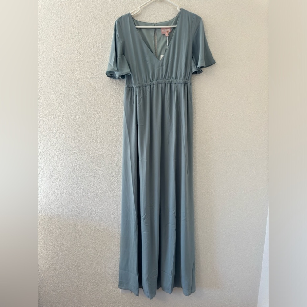 Show me Your MuMu Emily Empire Maxi Dress in Silver Sage Crisp, SZ M